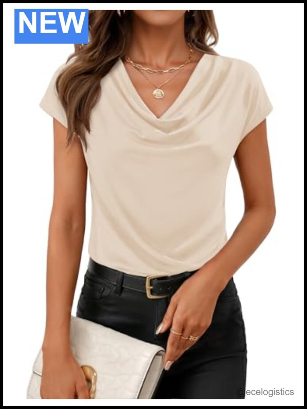 Women's Cowl Neck Short Sleeve Top Business Casual Blouse Stretch Lightweight